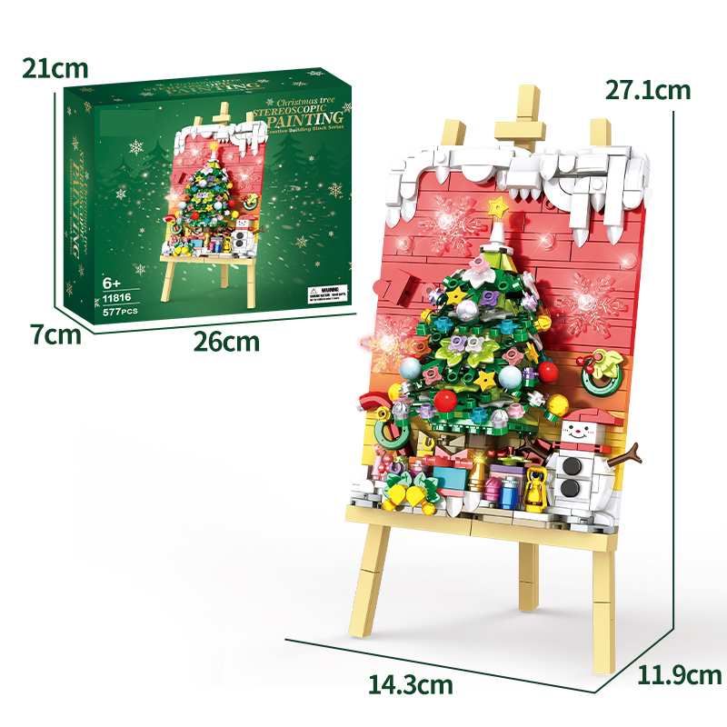 Christmas Tree Building Set with Easel, Holiday Decoration Brick Art Kit for Kids & Adults, Creative DIY Xmas Scene with Snowman & Gifts, Perfect Festive Display Gift