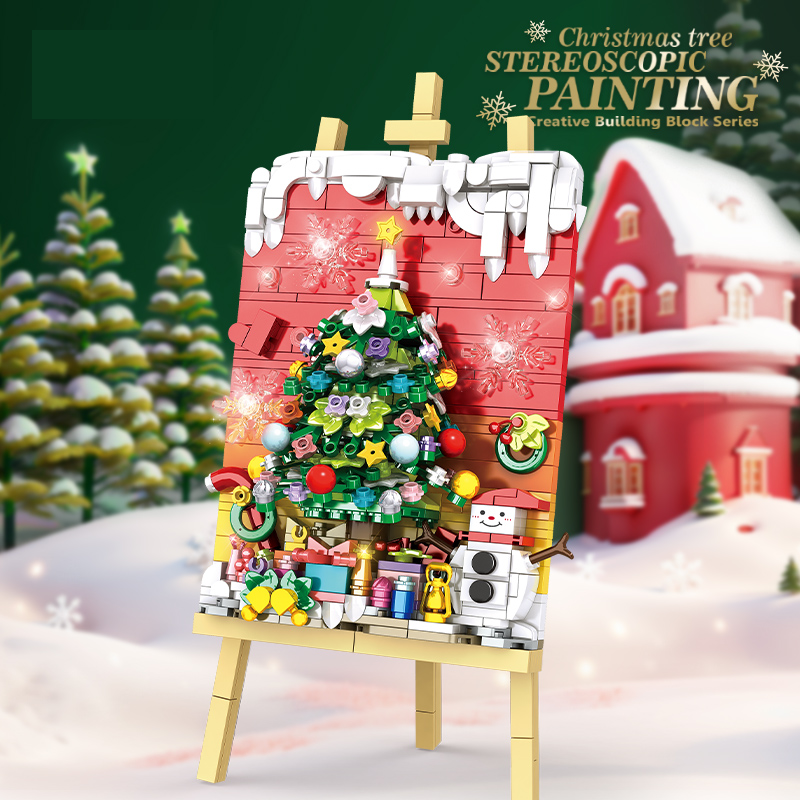 Christmas Tree Building Set with Easel, Holiday Decoration Brick Art Kit for Kids & Adults, Creative DIY Xmas Scene with Snowman & Gifts, Perfect Festive Display Gift