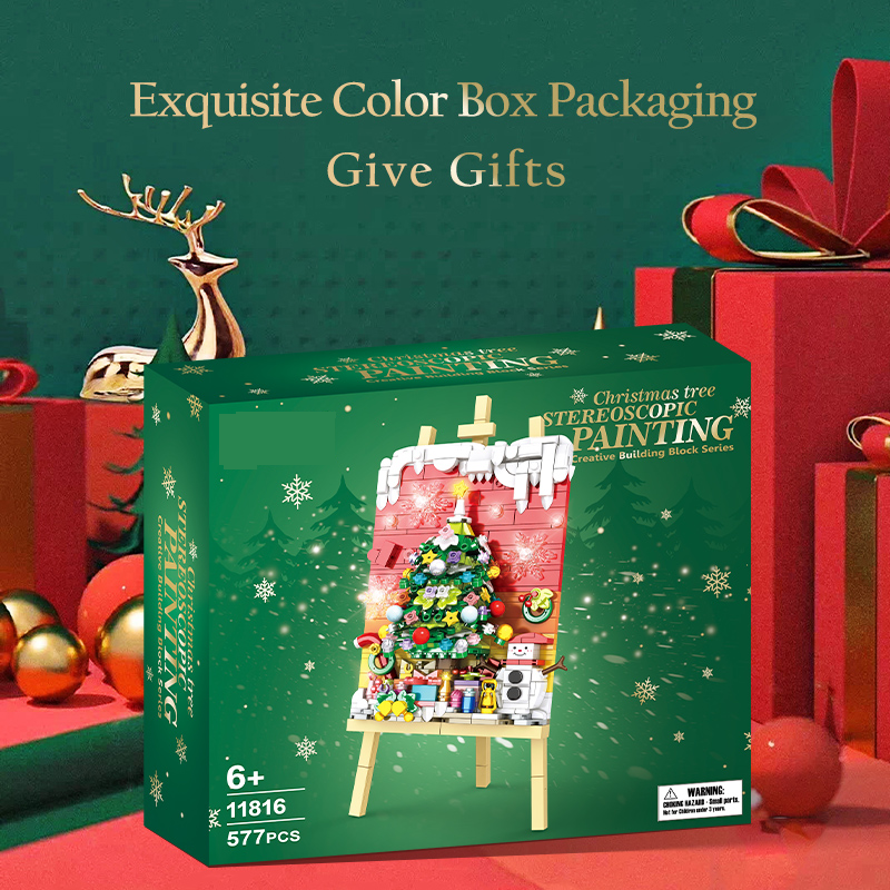 Christmas Tree Building Set with Easel, Holiday Decoration Brick Art Kit for Kids & Adults, Creative DIY Xmas Scene with Snowman & Gifts, Perfect Festive Display Gift