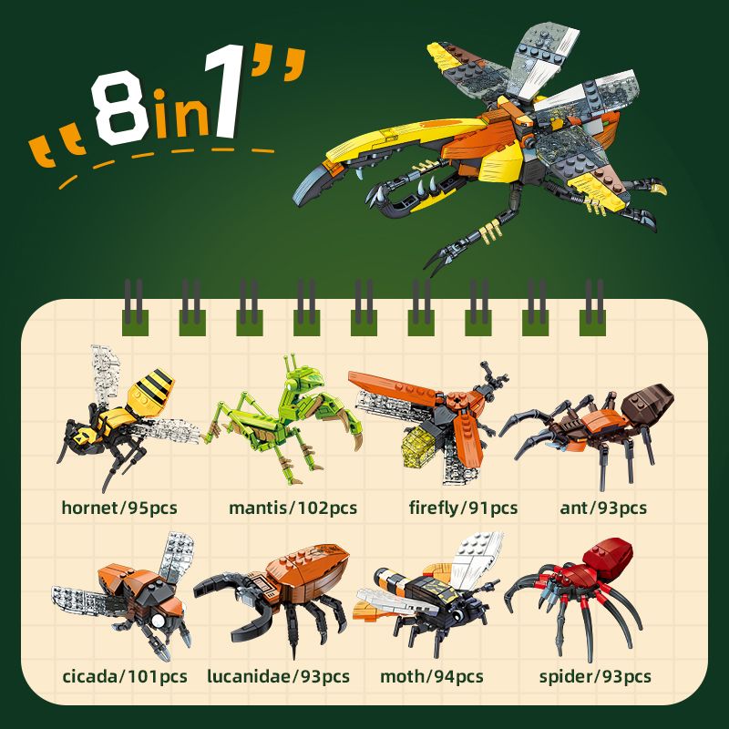 8-in-1 Insect Building Blocks Set for Kids, STEM Educational Construction Toys with 8 Bug Models, Creative Bricks Kit for Boys & Girls, Gift for Ages 6+, Compatible with Major Brands