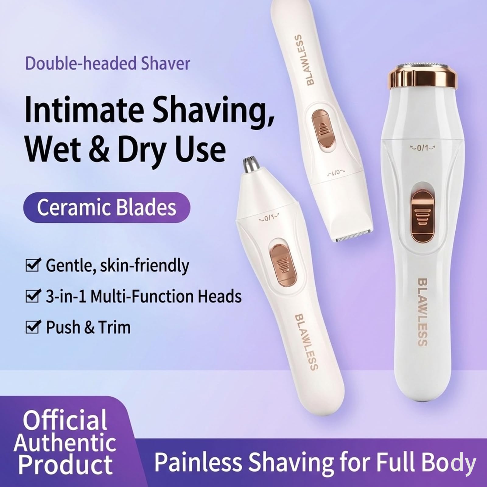 3-in-1 Electric Body Hair Trimmer, White, Ceramic Blades, Wet and Dry Use, USB Rechargeable, Double-Headed Shaver with Nose Ear Trimmer