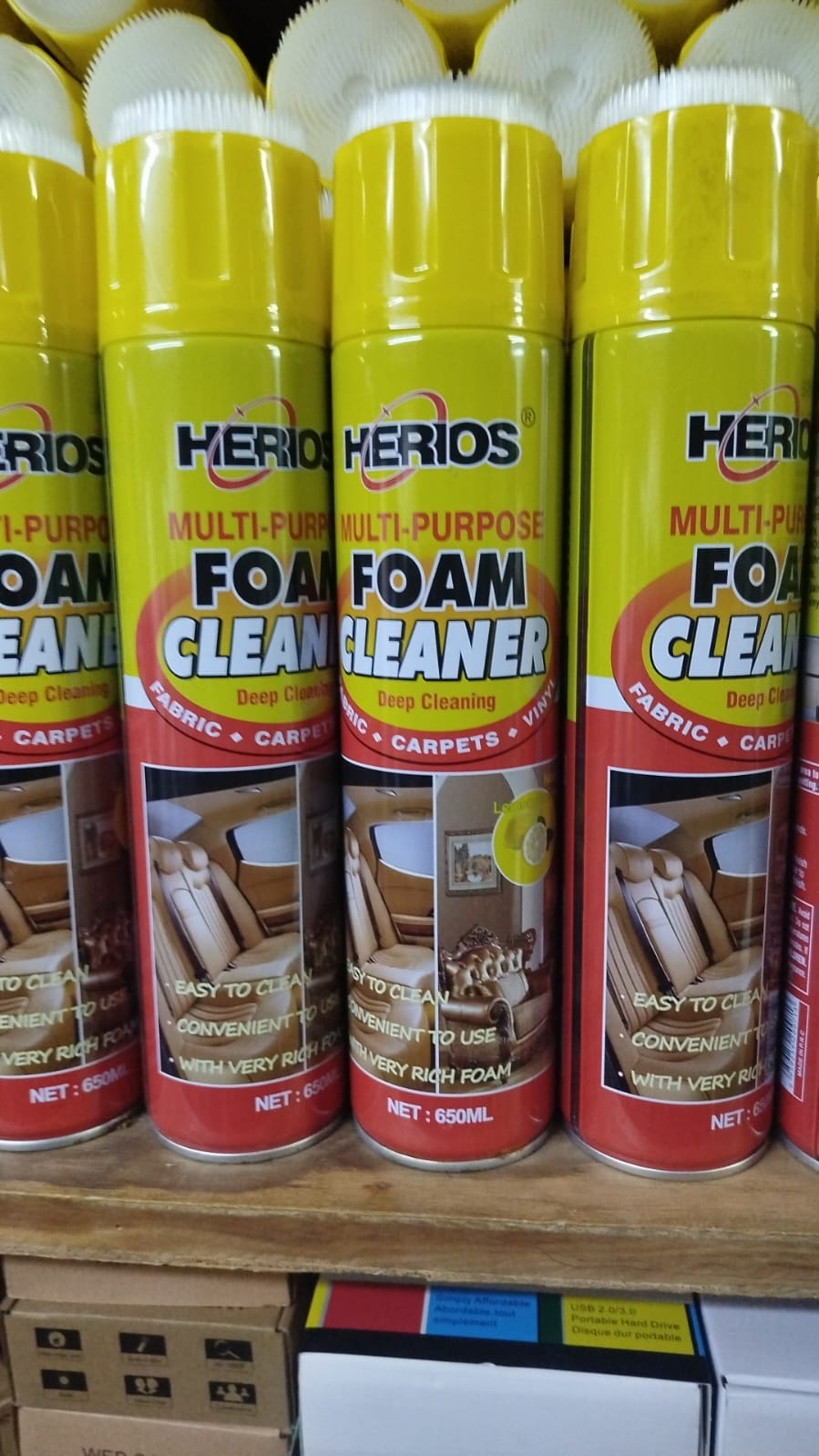 Herios Multi-Purpose Foam Cleaner. 
This cleaner is designed for deep cleaning of various surfaces including vinyl, fabric, upholstery, and carpets. 
It comes in a 650ml can and is described as easy a
