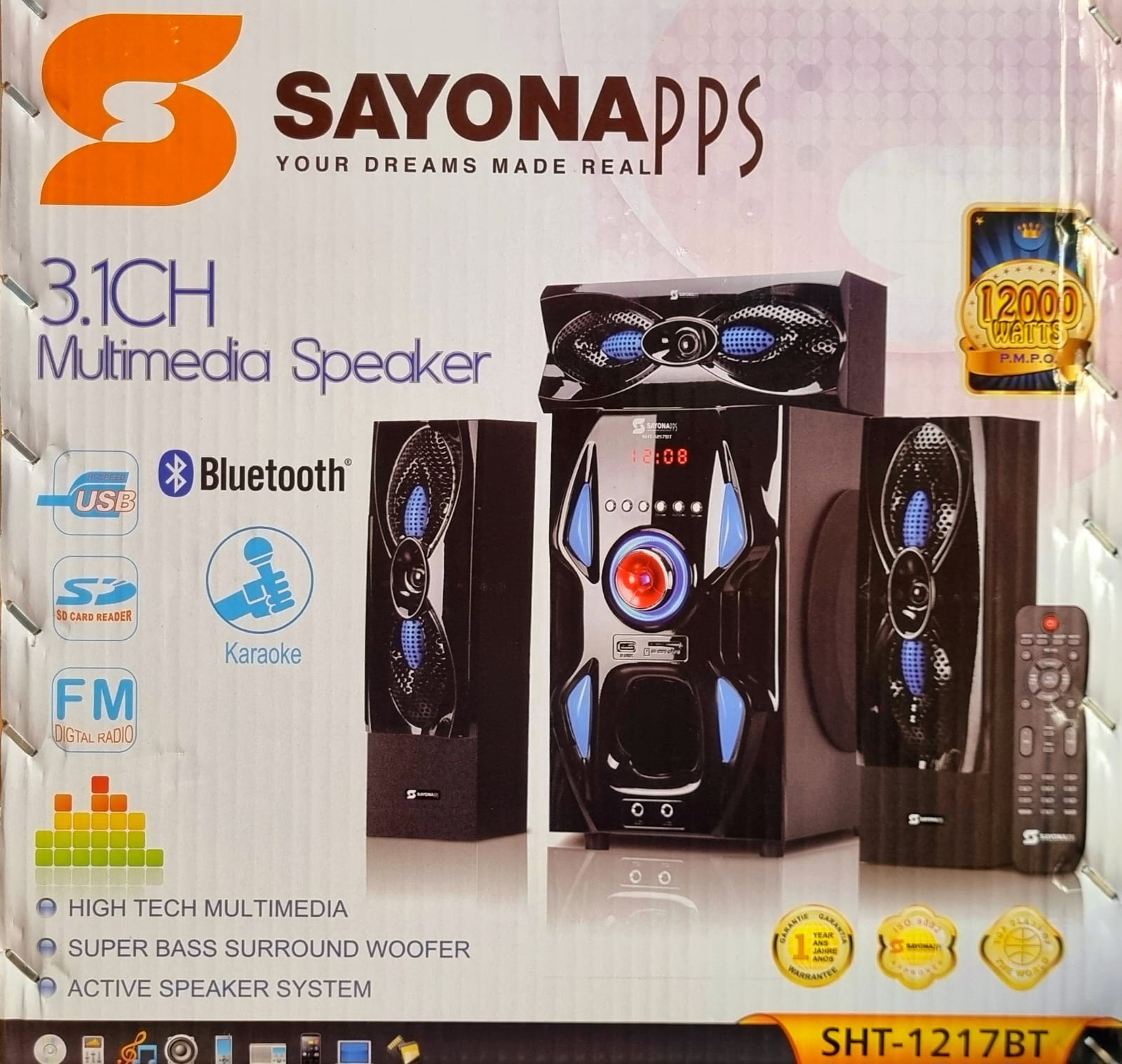 Sayona 3.1 Channel Subwoofer Home Theatre System, model SHT-1217BT. 
It features 3.1 channel sound distribution with a super bass surround woofer and 12000 Watts P.M.P.O audio output. 
Connectivity op