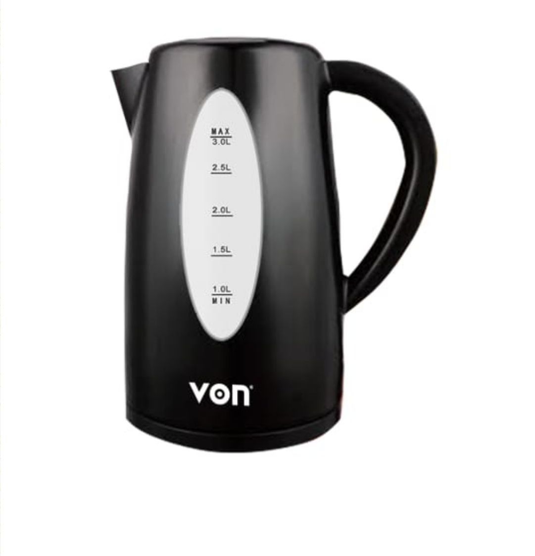 Von VSKL03BNK cordless electric kettle. 
It has a capacity of 3.0 liters. 
It is black in color and made of plastic. 
Key features include a concealed stainless steel heating element, boil-dry protect