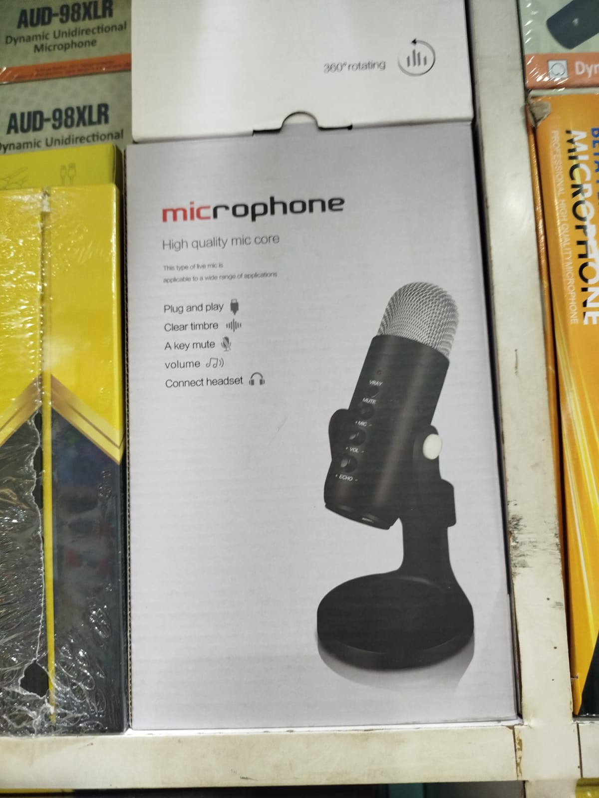 Dynamic Unidirectional Microphone, identified as the AUD-98XLR. It appears to be a USB condenser microphone designed for various applications such as gaming, streaming, podcasting, and studio recordin