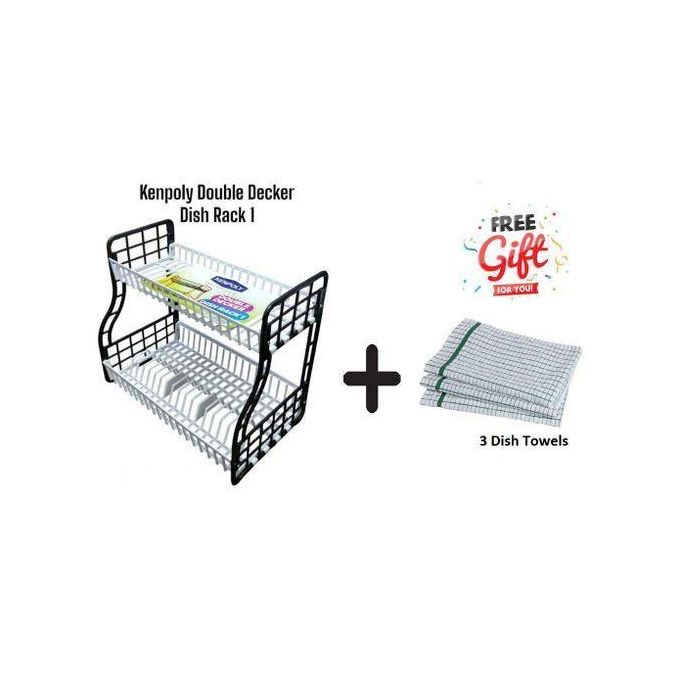 Kenpoly Double Decker Dish Rack + Free Gift (3 Dish Towels)Two-Tier Storage – Maximizes space for drying plates, bowls, cups, and utensils.
✅ Durable Plastic Material – Made from strong, high-quality