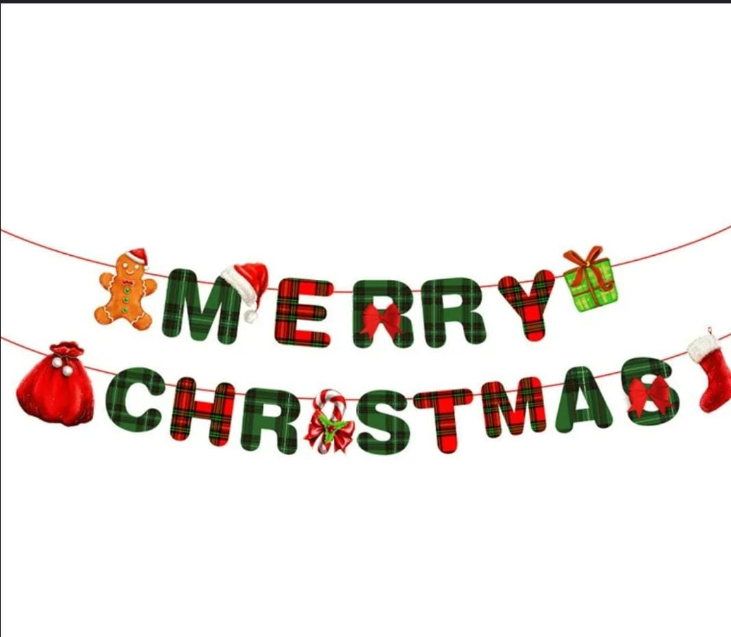 Merry Christmas" banner, a common decoration for the holiday season. 
This product is a pre-strung banner designed for easy setup and reuse in future years. 
It features large, glittery red and green