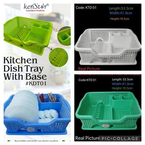 Kitchen Dish Rack with Tray. 
It is made of durable, high-quality plastic and comes with a detachable base to collect excess water. 
The rack features designated sections for plates, cups, and utensil