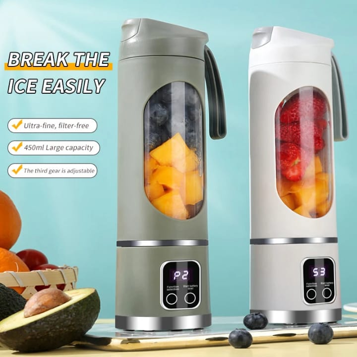 portable USB rechargeable blender or juicer cup. 
Capacity: It has a capacity of 450 ml. 
Power: It is powered by a rechargeable lithium battery, typically around 1500mAh. 
Features: The blender featu