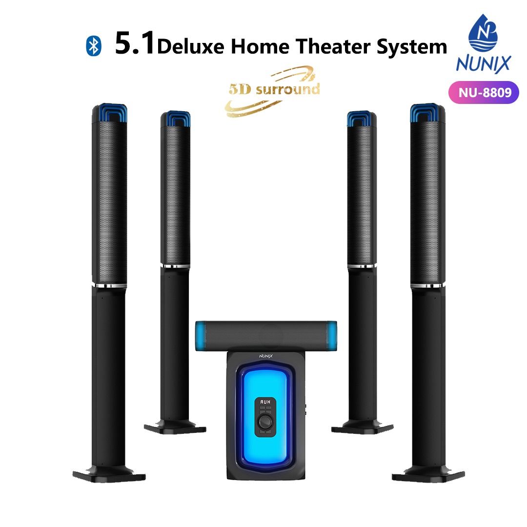 Nunix NU-8809 5.1 CH Deluxe Home Theater System, a powerful surround sound setup. 
Here is some information regarding this product:
Features a 5.1 channel surround sound system for immersive audio. 
C