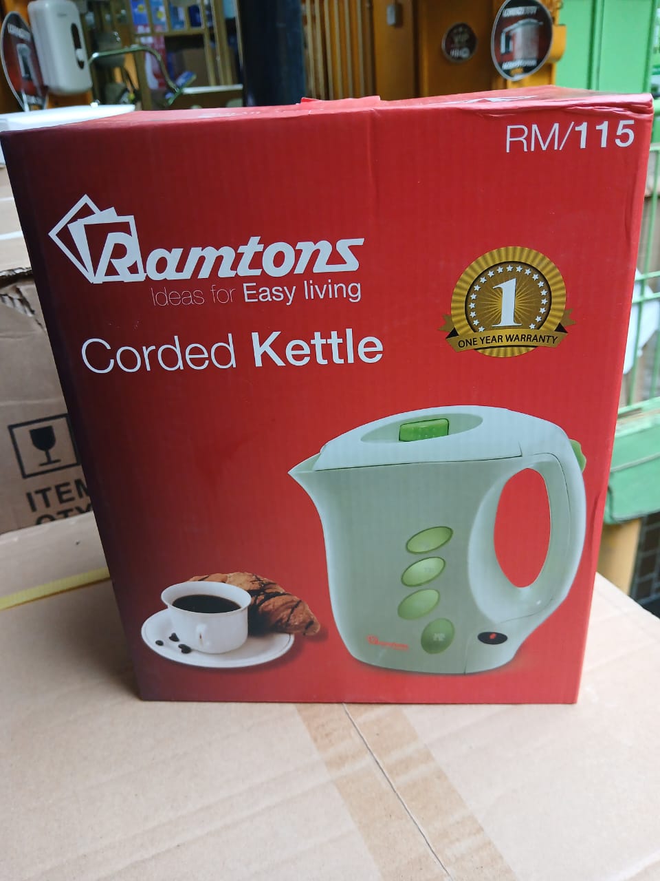 Ramtons RM/115 Corded Kettle. 
Capacity: 1.8 Liters (1.8Lts).
Power: 2000-2400 Watts for rapid boiling.
Safety Features: Includes automatic shut-off and boil-dry protection.
Warranty: Comes with a one
