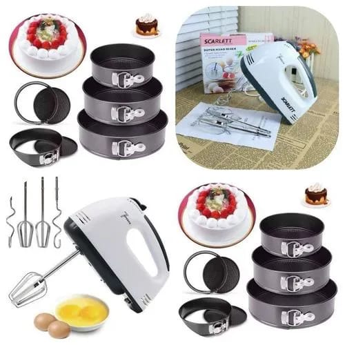 hand mixer and three different sizes of non-stick baking tins. 
The electric hand mixer features multiple speed settings (typically 7-speed) and various attachments like beaters an
