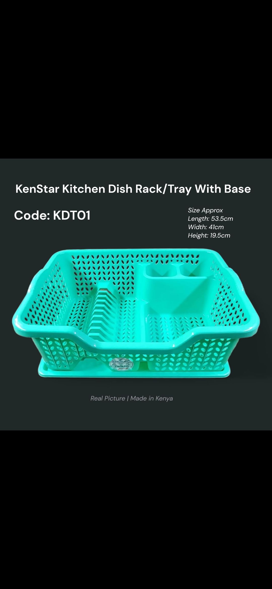Kitchen Dish Rack with Tray. 
It is made of durable, high-quality plastic and comes with a detachable base to collect excess water. 
The rack features designated sections for plates, cups, and utensil