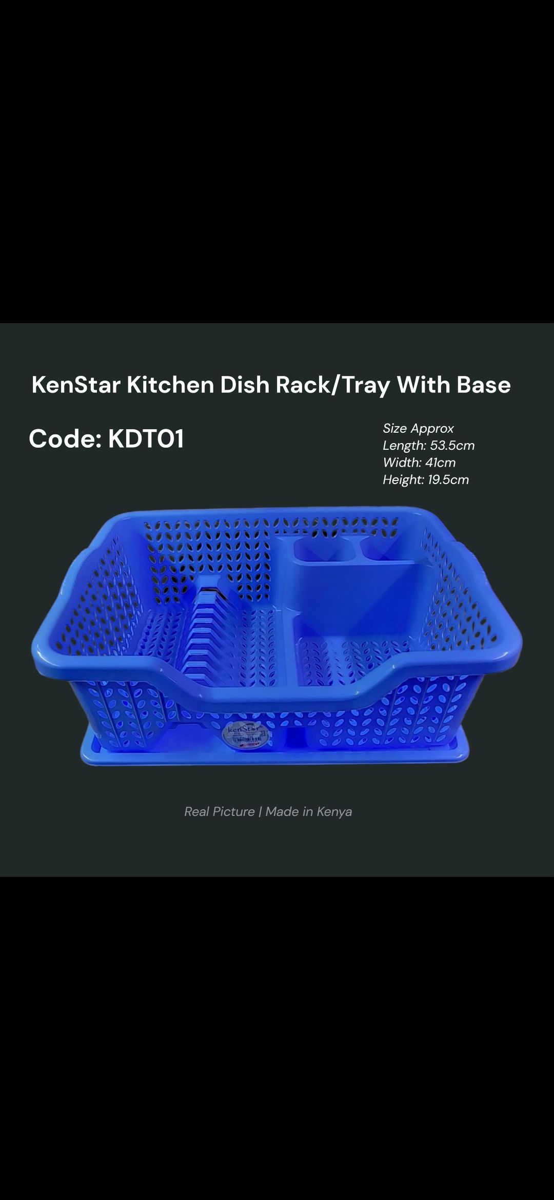 Kitchen Dish Rack with Tray. 
It is made of durable, high-quality plastic and comes with a detachable base to collect excess water. 
The rack features designated sections for plates, cups, and utensil