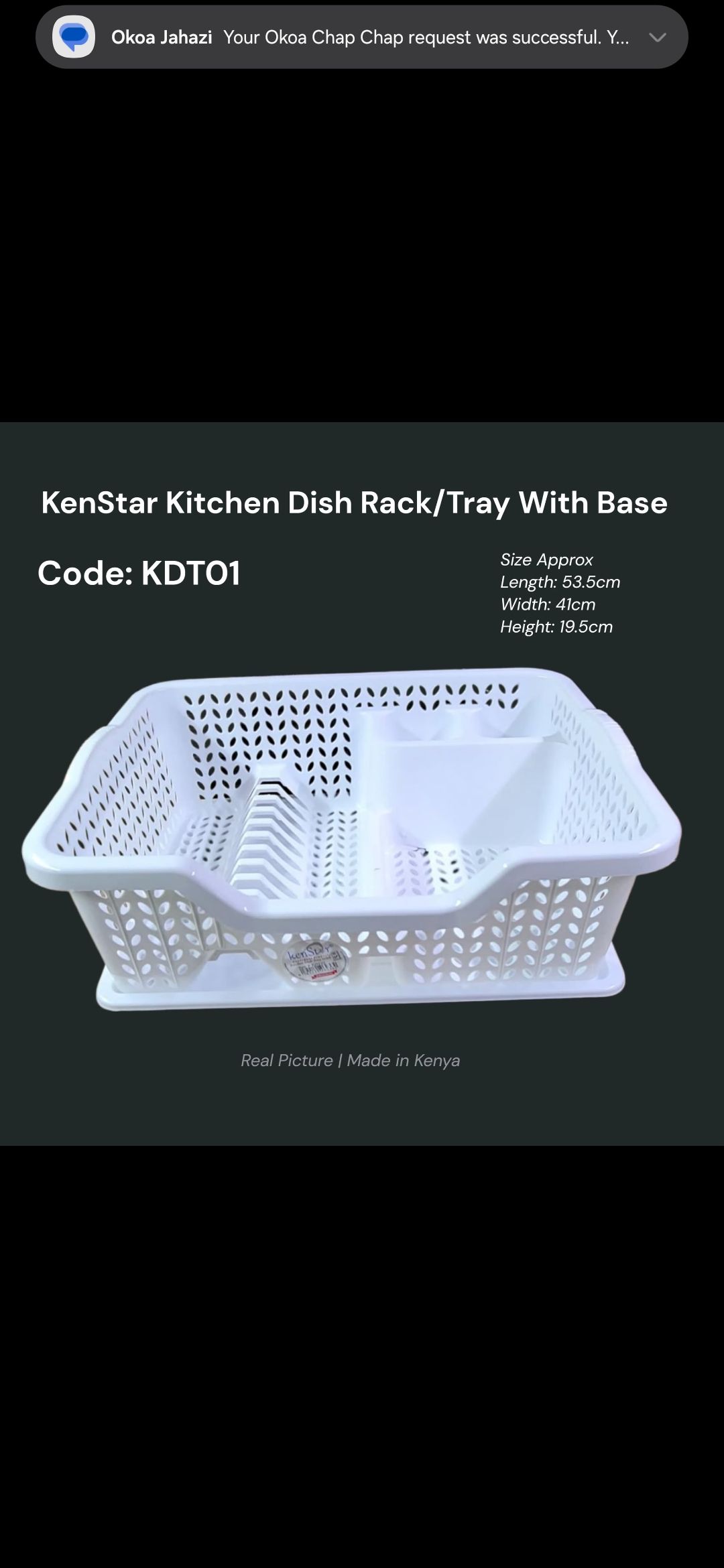 Kitchen Dish Rack with Tray. 
It is made of durable, high-quality plastic and comes with a detachable base to collect excess water. 
The rack features designated sections for plates, cups, and utensil