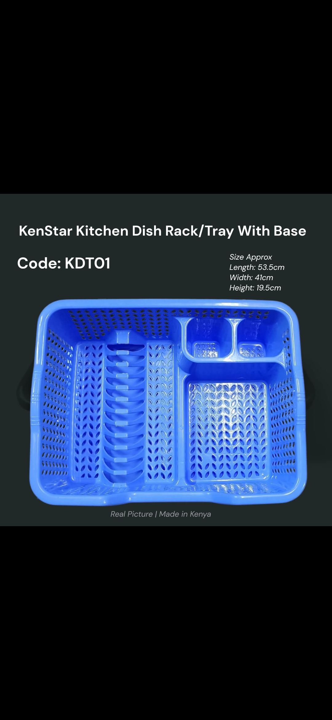 Kitchen Dish Rack with Tray. 
It is made of durable, high-quality plastic and comes with a detachable base to collect excess water. 
The rack features designated sections for plates, cups, and utensil
