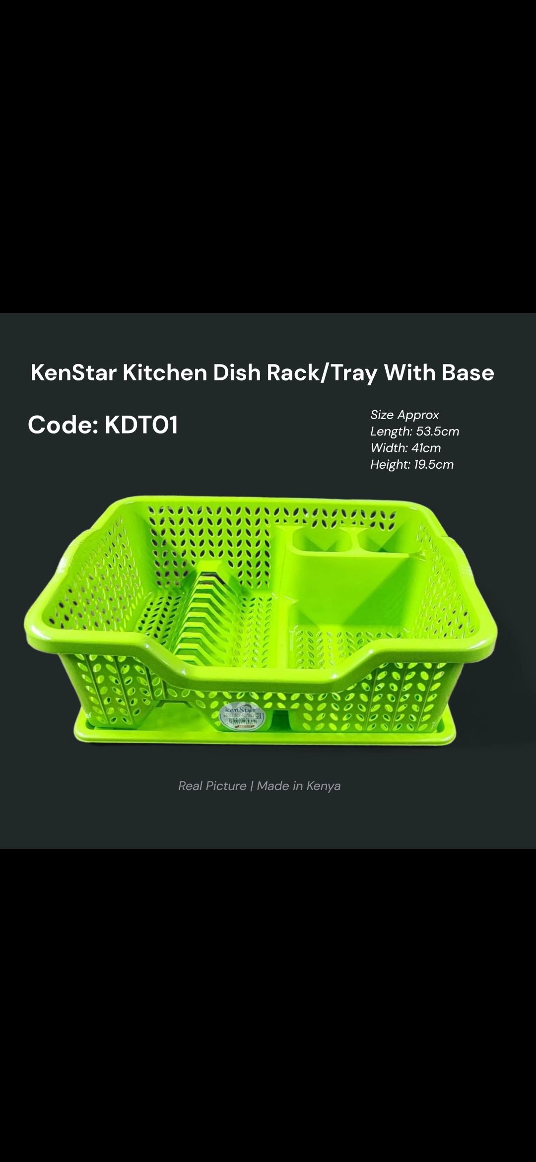 Kitchen Dish Rack with Tray. 
It is made of durable, high-quality plastic and comes with a detachable base to collect excess water. 
The rack features designated sections for plates, cups, and utensil