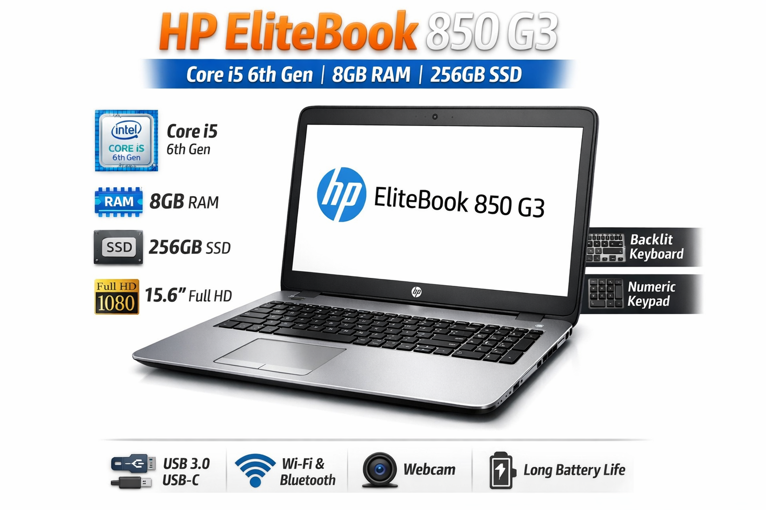 HP EliteBook 850 G3 is a slim, 15.6-inch business-class laptop featuring a 6th Gen Intel Core i7 processor, 8GB DDR4 RAM, and a 256GB SSD