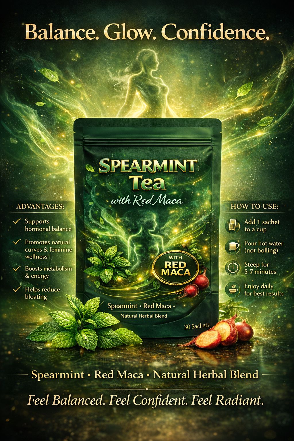 Herbal Pure Organic Spearmint Tea + Red Maca For Hormonal Imbalance/Acne - 100% Improved reproductive health & Curvey Hips