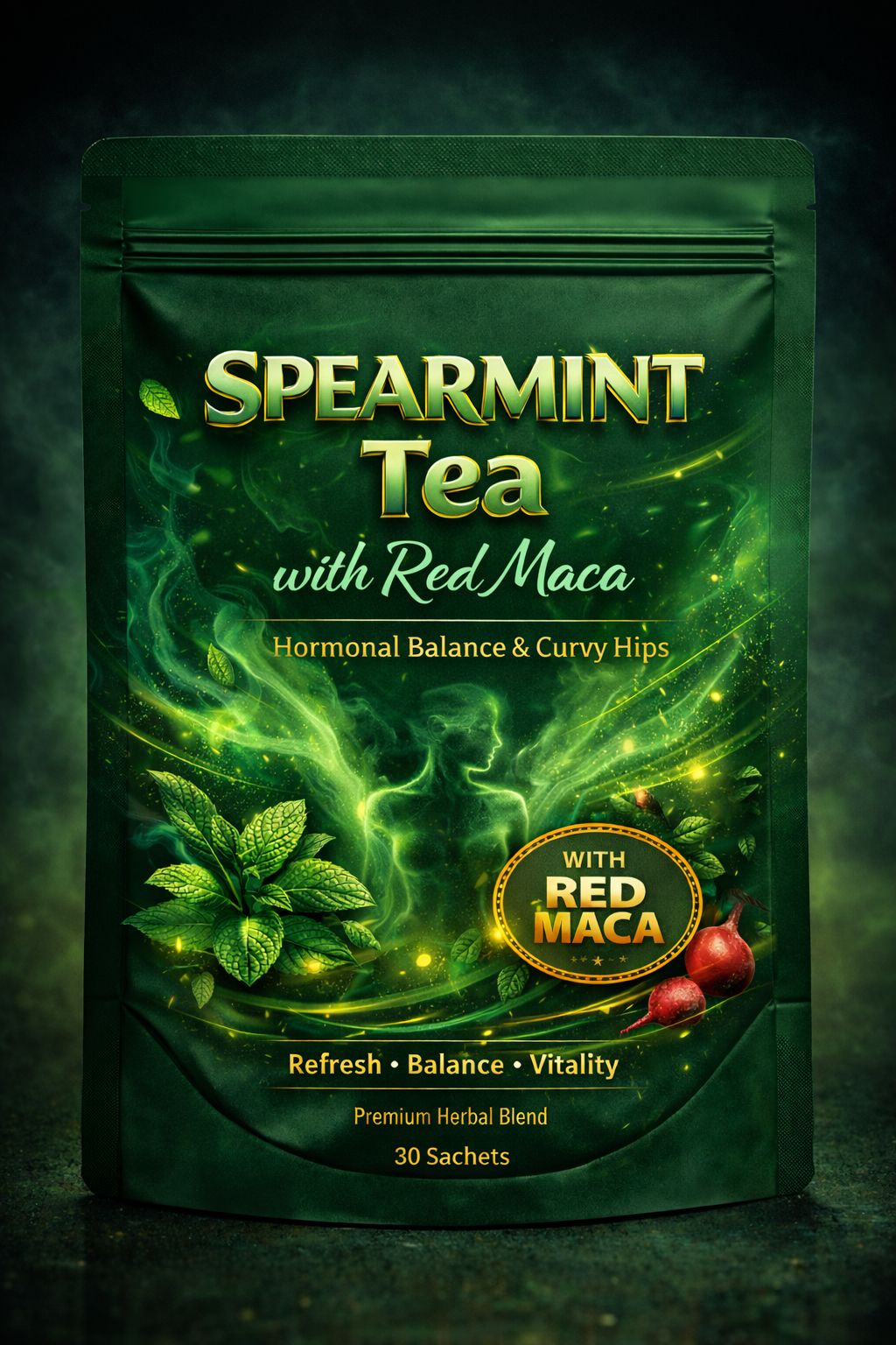 Herbal Pure Organic Spearmint Tea + Red Maca For Hormonal Imbalance/Acne - 100% Improved reproductive health & Curvey Hips