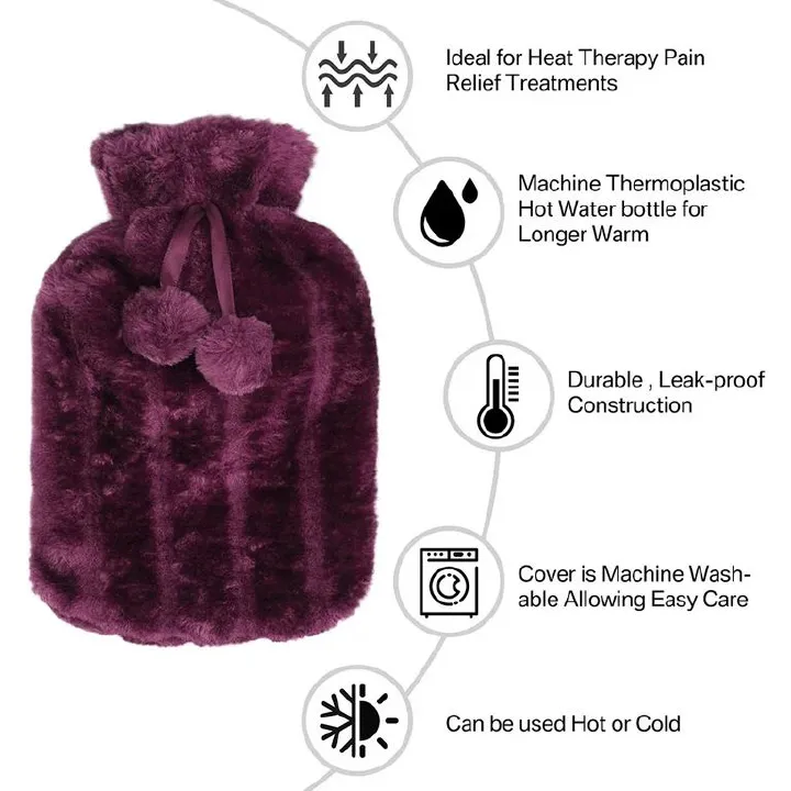 2L hot water bottle with soft fluffy cover. Provides long-lasting warmth & pain relief for back, cramps, cold nights, and relaxation.