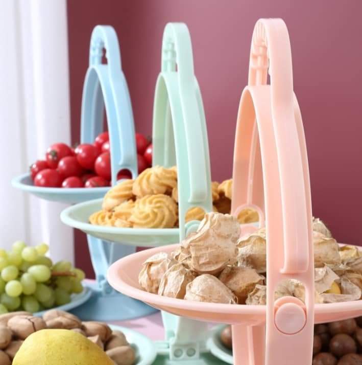 Creative Folding 3-Layer Plate Fruit Rack Storage Stand – Space-Saving Kitchen Organizer for Fruits, Snacks & Desserts (Pink, Blue & Green)