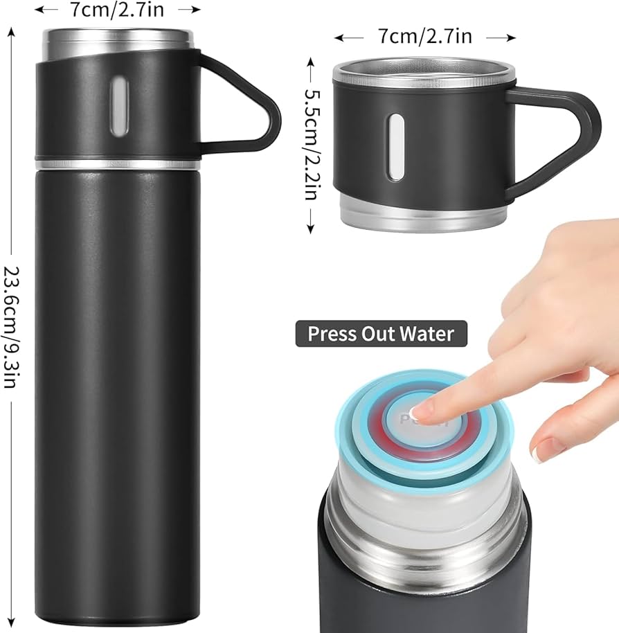 Unbreakable Stainless Steel Gift Pack Thermocup Set – 500ml Thermos Flask + 130ml Cups with Gift Bag (6 Colors Available)