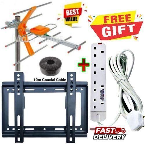 Digital Well Packed High Quality Aerial Antenna Ariel, Aerial Signal Receiver+Free 10Metres Coaxial Cable + EXTRA BONUS TV Guard Wall Holder Bracket Mount 14"- 42", 4 Way Power Extension Cable Socket