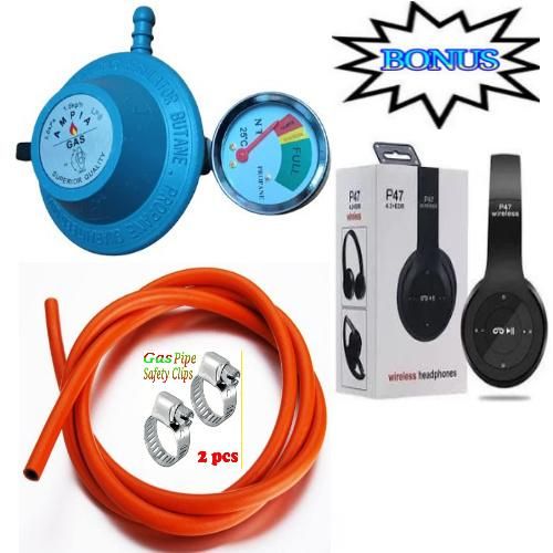 Ampia 13kg Cooking Gas Cylinder Regulator , Pipe 2M & Safety Clips + Free Headphone