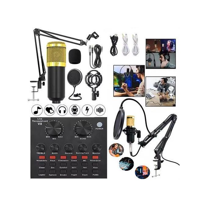 Ready Stock V8s Sound Card + BM800 Mic Set Condenser Microphone Live Sound Card Bluetooth Audio Interface Studio Streaming Recording for Phone PC