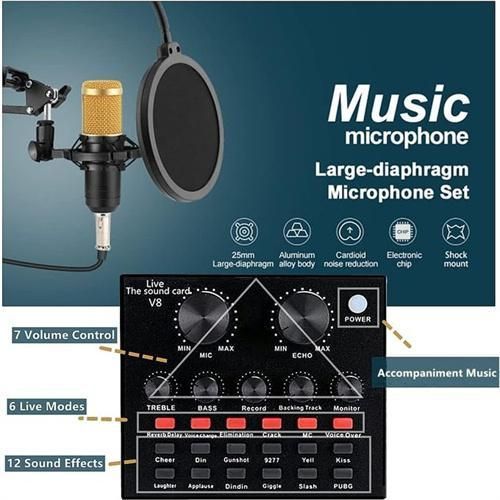 Ready Stock V8s Sound Card + BM800 Mic Set Condenser Microphone Live Sound Card Bluetooth Audio Interface Studio Streaming Recording for Phone PC