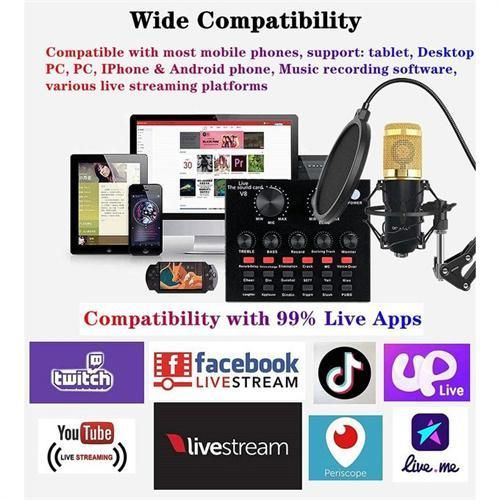 Ready Stock V8s Sound Card + BM800 Mic Set Condenser Microphone Live Sound Card Bluetooth Audio Interface Studio Streaming Recording for Phone PC