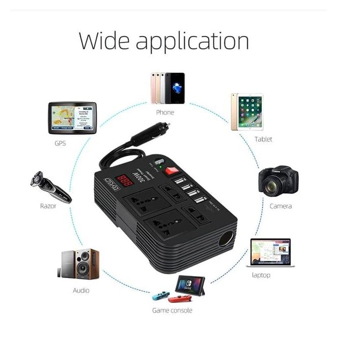 300W Car Power Inverter Dc to Ac 12V to 240V With 4 Ac ports, 4 USB ports + cigarette lighter