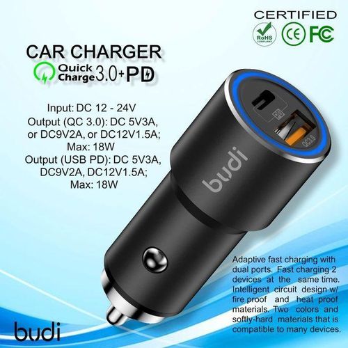Super Fast car Charger with Type C Charging Port 36W PD 18W Quick Charge 3.0 with ring led indicator Compatible with iPhone/Samsung/MI/Oppo/Vivo/Tablets,Black