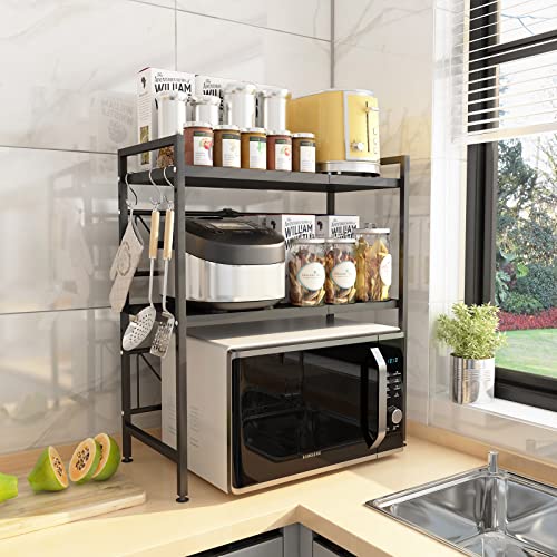 2-Tier Microwave Oven Rack Kitchen Shelf- Countertop Organizer Stand with Hooks/Space Saving Kitchen Rack