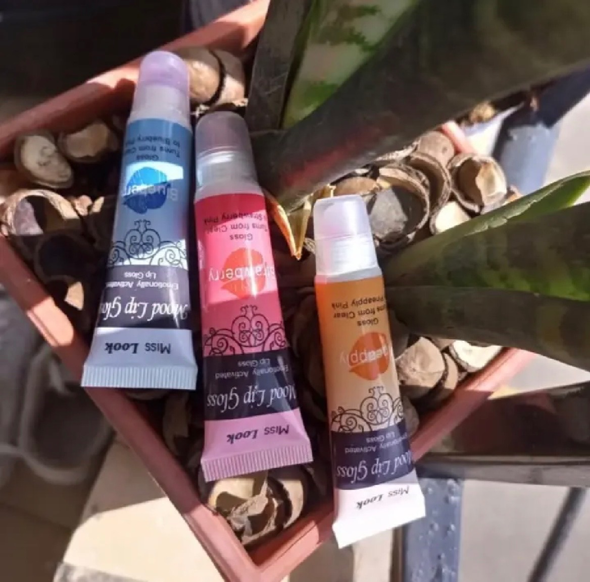 Mood 6pcs/Set Lip Gloss Color Changing Magic Lip Oil. Strawberry Pineapple Blueberry Grape Apple Cherry Flavors Turns from clear to Reddish Pink Moisturizer. Keeps your lips succulent. Miss Look.