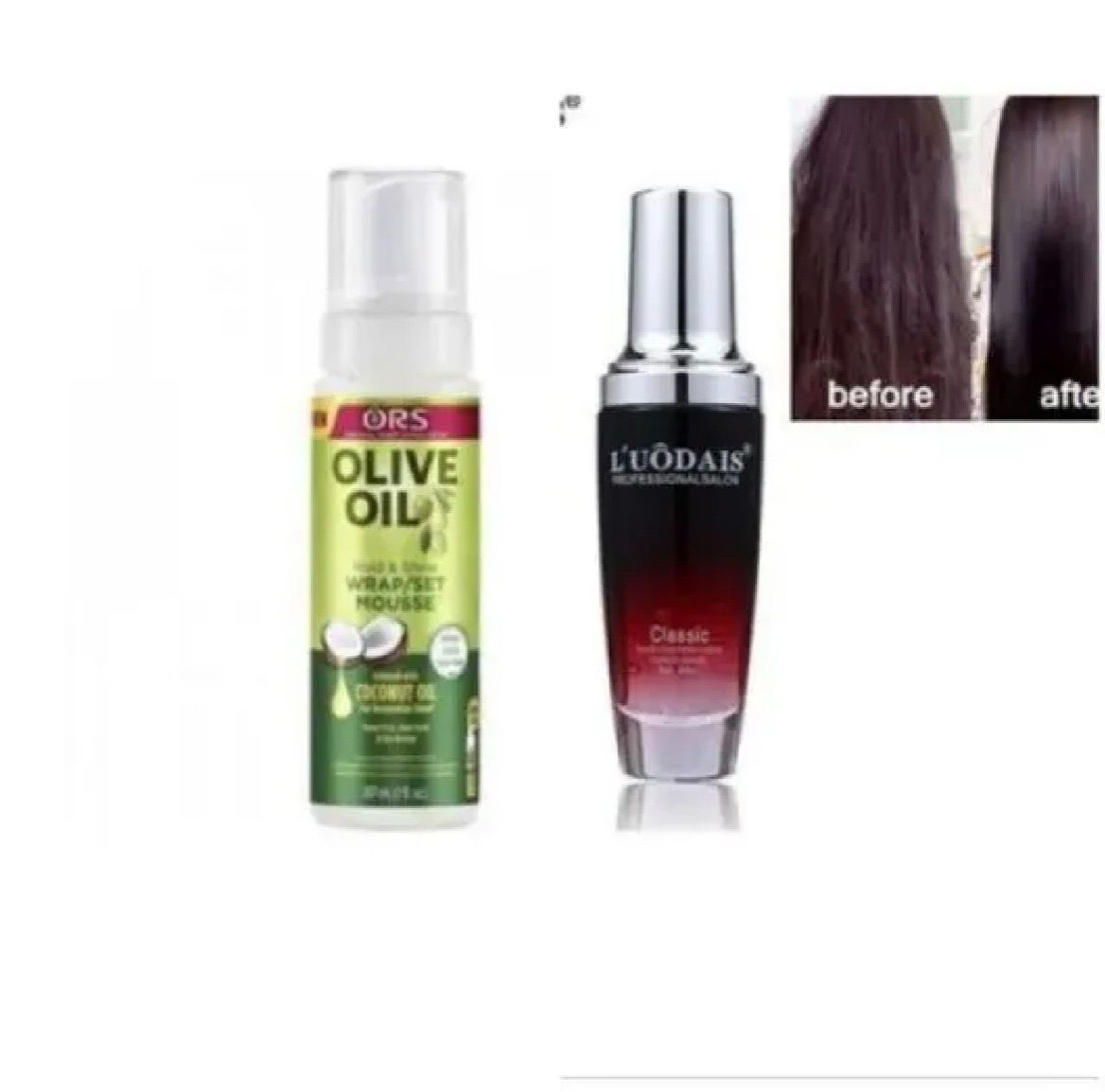 ORS Olive Oil Sheen Spray + L’UODAIS Hair Serum Set – Shine & Anti-Frizz Hair Care Combo.