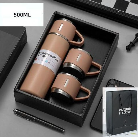 VACUUM FLASK 500ml Gift Box Set Portable Business Cup Stainless Steel Thermos Cup One Cup Flasks Water Bottle With 3 Lids