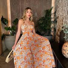 Women Maxi Dress Summer Beach Dress Elegant Pleated Halter Neck Long Dress Casual Vacation Party Evening Ladies Fashion Flowy Maxi Gown Lightweight Comfortable Stylish Female Wear