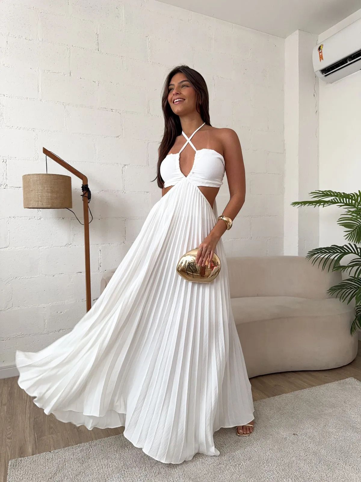 Women Maxi Dress Summer Beach Dress Elegant Pleated Halter Neck Long Dress Casual Vacation Party Evening Ladies Fashion Flowy Maxi Gown Lightweight Comfortable Stylish Female Wear