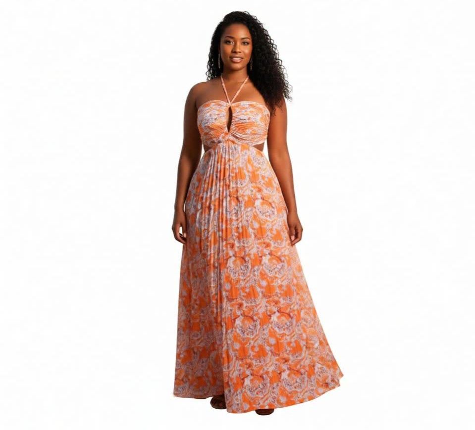 Women Maxi Dress Summer Beach Dress Elegant Pleated Halter Neck Long Dress Casual Vacation Party Evening Ladies Fashion Flowy Maxi Gown Lightweight Comfortable Stylish Female Wear