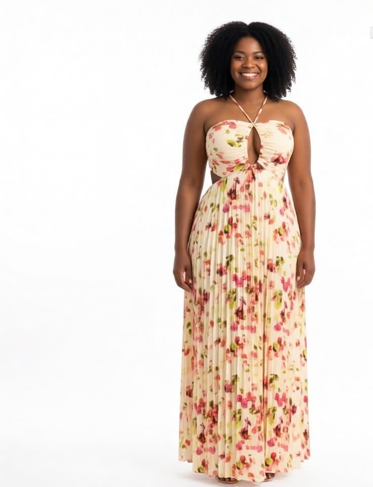 Women Maxi Dress Summer Beach Dress Elegant Pleated Halter Neck Long Dress Casual Vacation Party Evening Ladies Fashion Flowy Maxi Gown Lightweight Comfortable Stylish Female Wear