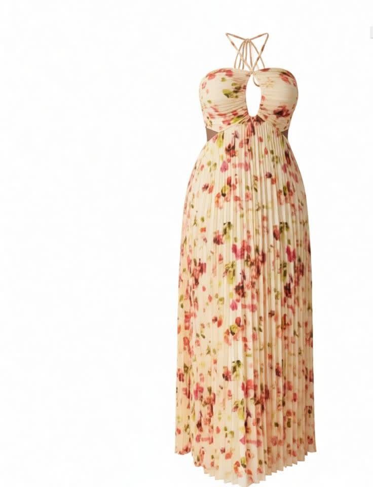 Women Maxi Dress Summer Beach Dress Elegant Pleated Halter Neck Long Dress Casual Vacation Party Evening Ladies Fashion Flowy Maxi Gown Lightweight Comfortable Stylish Female Wear