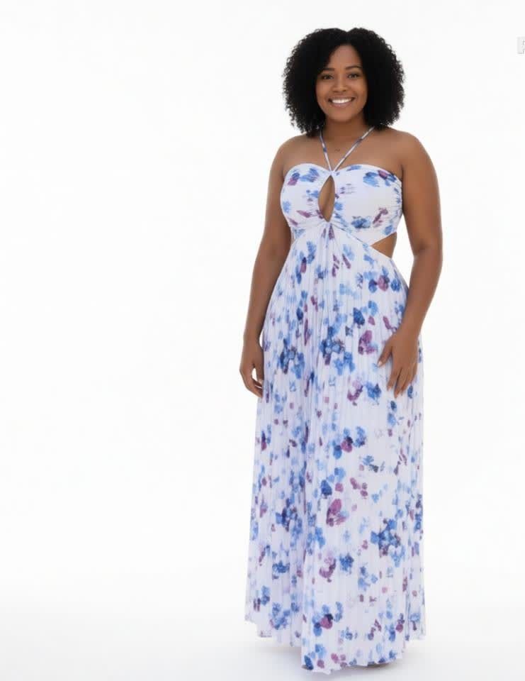 Women Maxi Dress Summer Beach Dress Elegant Pleated Halter Neck Long Dress Casual Vacation Party Evening Ladies Fashion Flowy Maxi Gown Lightweight Comfortable Stylish Female Wear