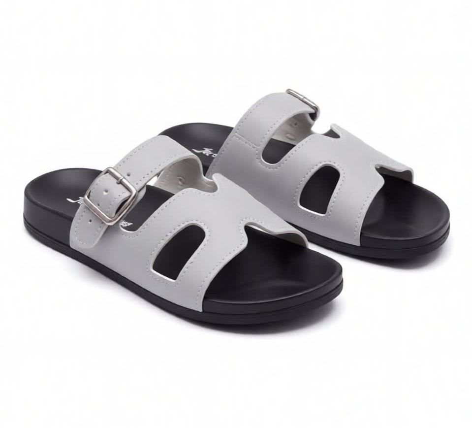 Women White Flat Sandals Open Toe Double Strap Buckle Slides, Comfortable Casual Summer Beach Slippers Soft Sole Fashion Sandals for Ladies