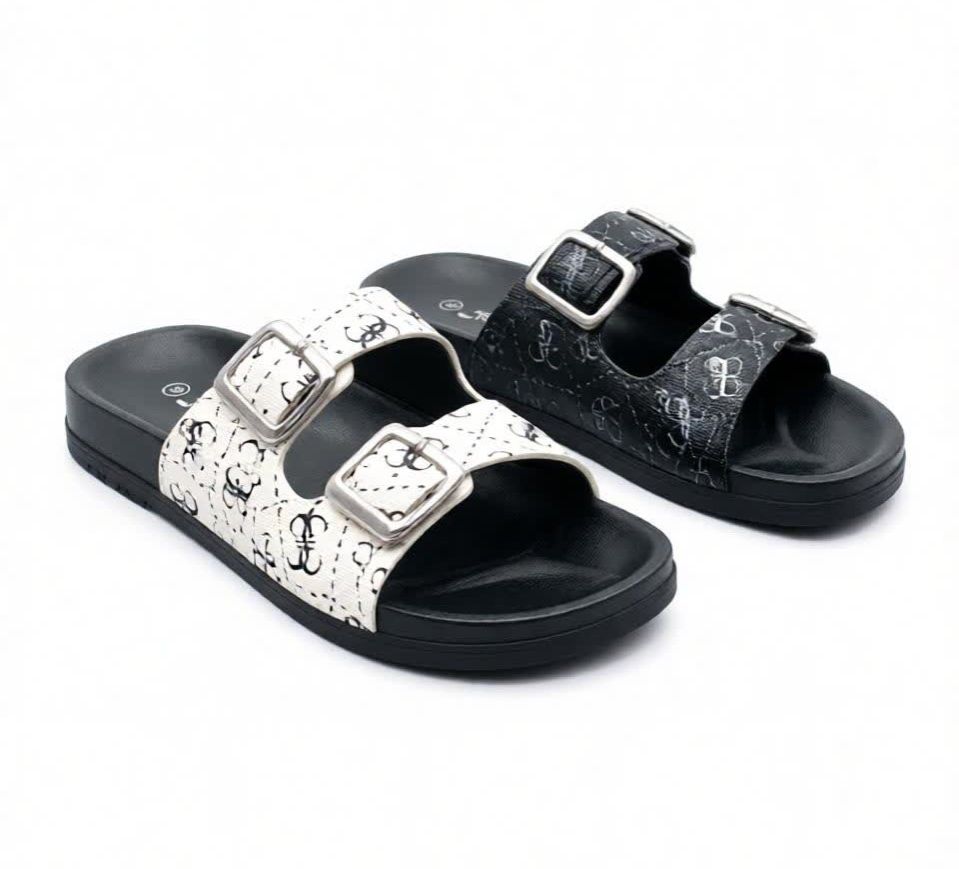 Women Black Double Buckle Flat Sandals, Adjustable Strap Open Toe Slides Comfortable Soft Sole Casual Summer Beach Fashion Slippers for Ladies, girls summer sandals
