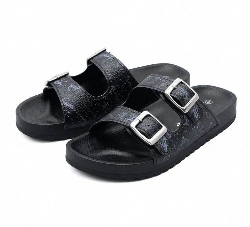 Women Black Double Buckle Flat Sandals, Adjustable Strap Open Toe Slides Comfortable Soft Sole Casual Summer Beach Fashion Slippers for Ladies, girls summer sandals