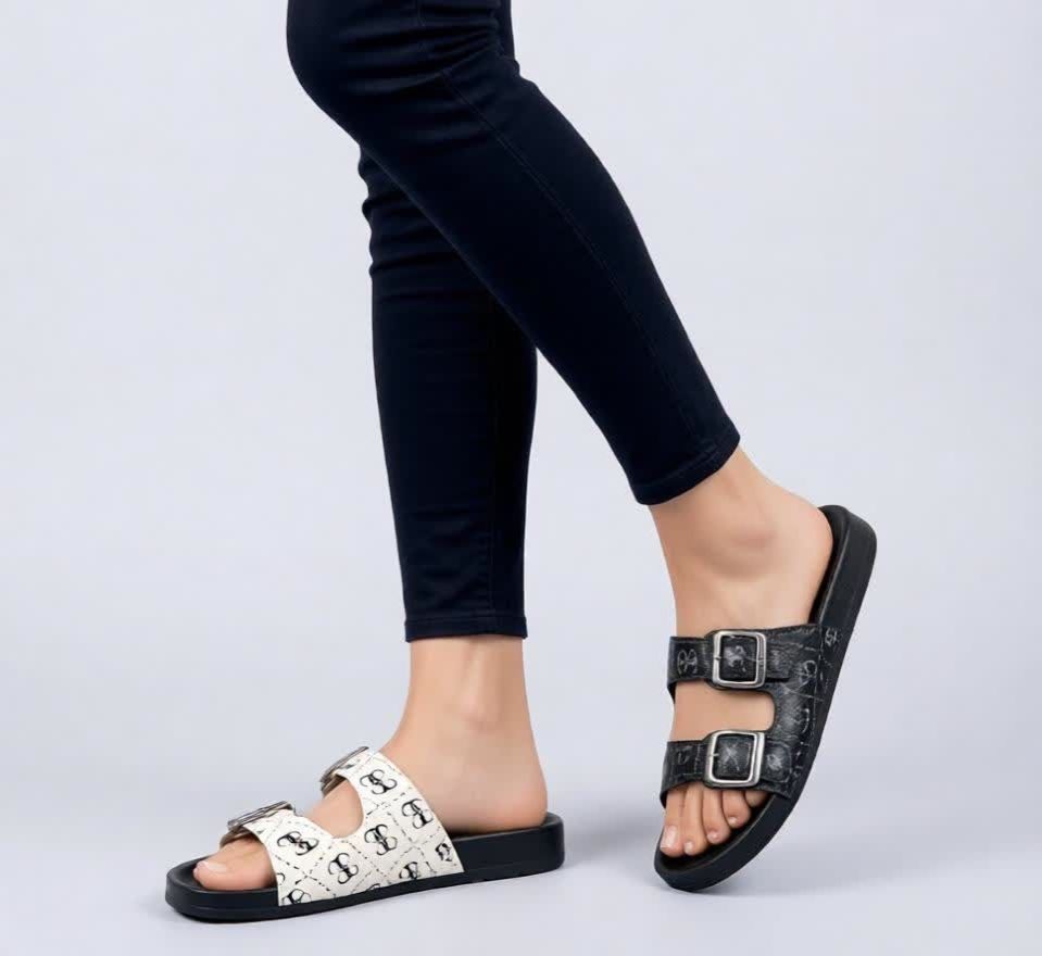 Women Black Double Buckle Flat Sandals, Adjustable Strap Open Toe Slides Comfortable Soft Sole Casual Summer Beach Fashion Slippers for Ladies, girls summer sandals