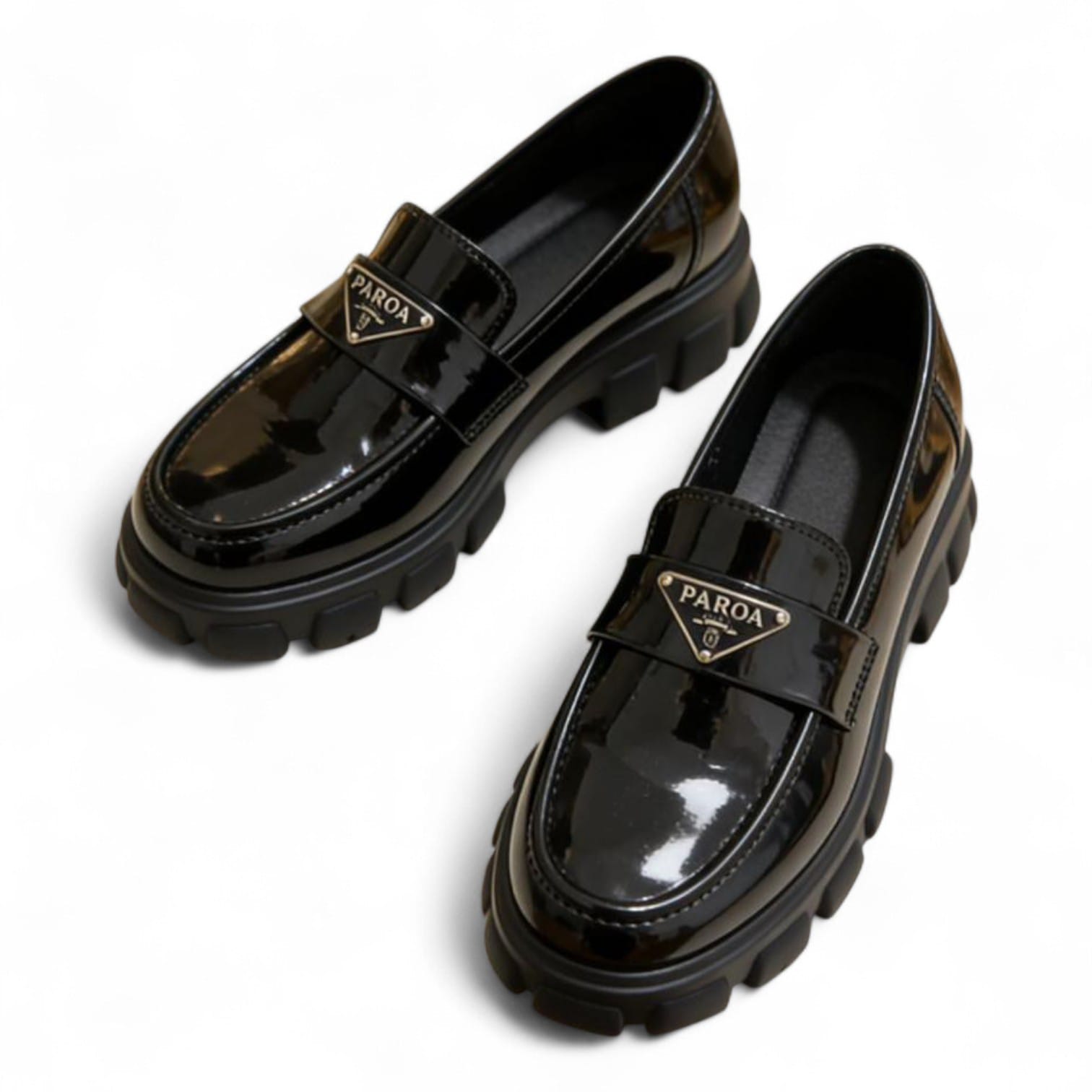 PAROA Women’s Black Glossy Patent Leather Chunky Platform Loafers Slip-On Shoes with Thick Lug Sole, Round Toe, Comfortable Cushioned Insole for Office, Casual and Fashion Wear