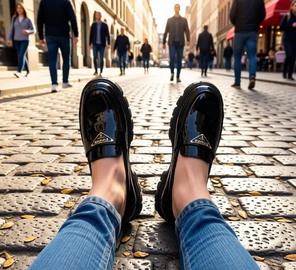 PAROA Women’s Black Glossy Patent Leather Chunky Platform Loafers Slip-On Shoes with Thick Lug Sole, Round Toe, Comfortable Cushioned Insole for Office, Casual and Fashion Wear